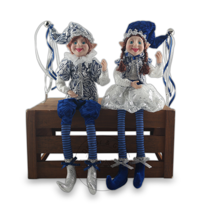 PL18822AB 18寸深蓝白坐姿精灵 蕾丝布 丝绒 丝带 珠片 18inch Dark blue white Christmas Elf Sitting Lace Fabric Velvet Silk Ribbon Sequins ”.jpg