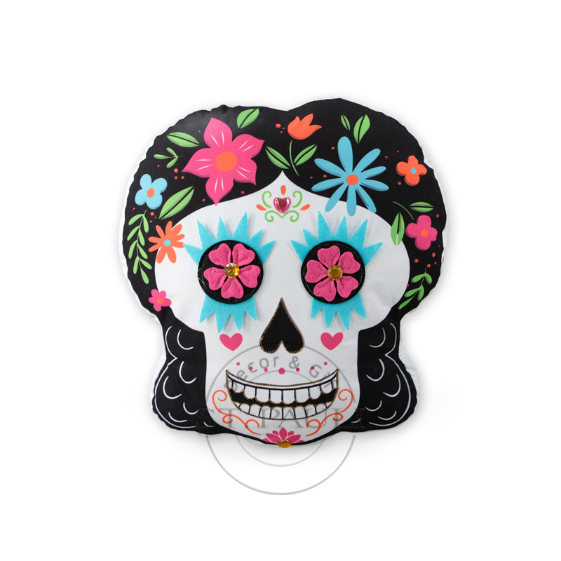 PL2B245 14''亡灵节骷髅头枕包 水蜜桃布 热转印 Day of the Dead‘s Skull Shaped Pillows Fabric Heat transfer 白底图 .jpg