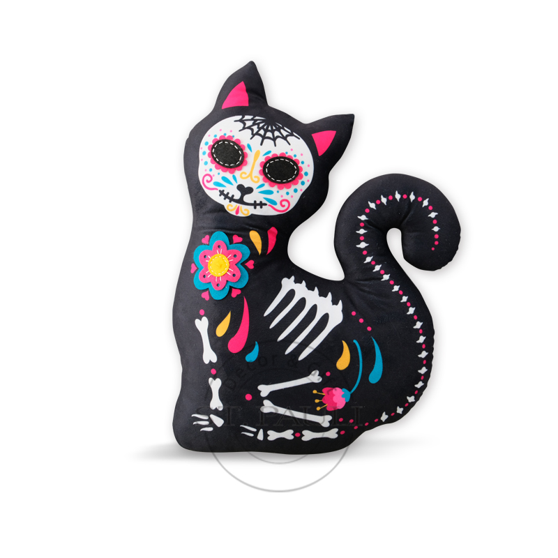 PL2B235 16'' 亡灵节黑猫枕包 仿超柔 热转印 Day of the Dead‘s Black Cat Shaped Pillow Super Soft Fabric Heat transfer 白底图 .jpg