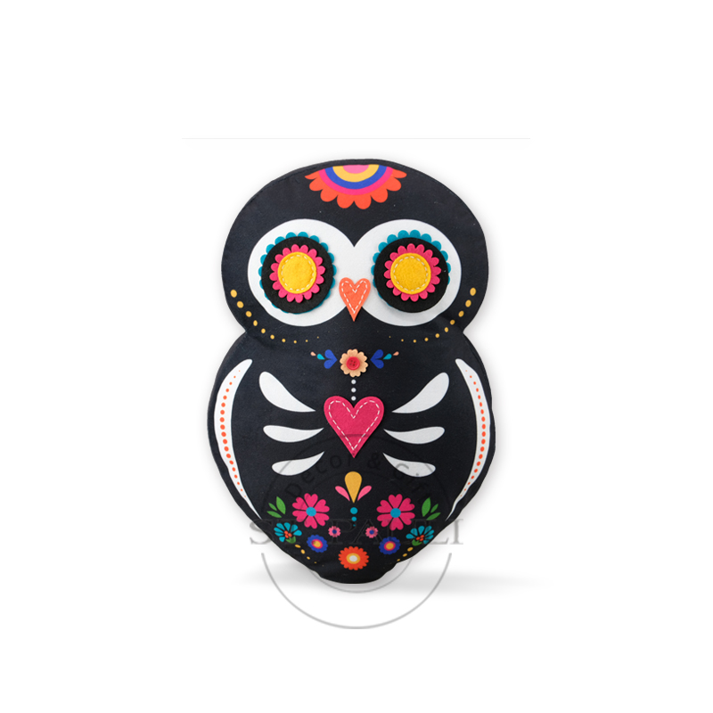 PL2B239 16“亡灵节猫头鹰枕包 仿超柔 热转印 Day of the Dead‘s Owl Shaped Pillow Super Soft Fabric Heat transfer 白底图 .jpg