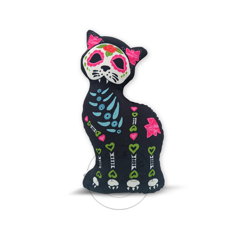 PL2B236 16''亡灵节黑猫枕包 仿超柔 热转印 Day of the Dead‘s Black Cat Shaped Pillow Super Soft Fabric Heat transfer 白底图 .jpg