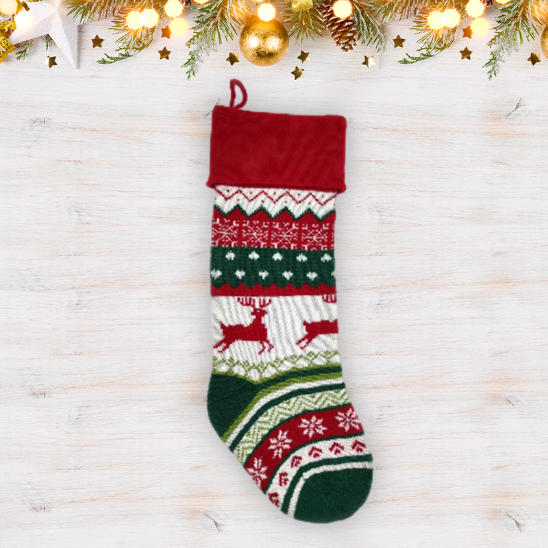 Cable Knit Christmas Stocking Red-White-Green Christmas Deer Stocking